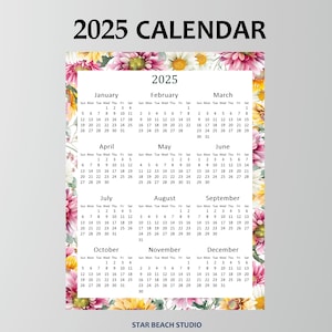 2025 Year Calendar Printable, Year at a Glance, 2025 Floral Wall Calendar, Office Wall Desk -Year Overview, Letter-A4 size, 8x10 4 x6  11x17