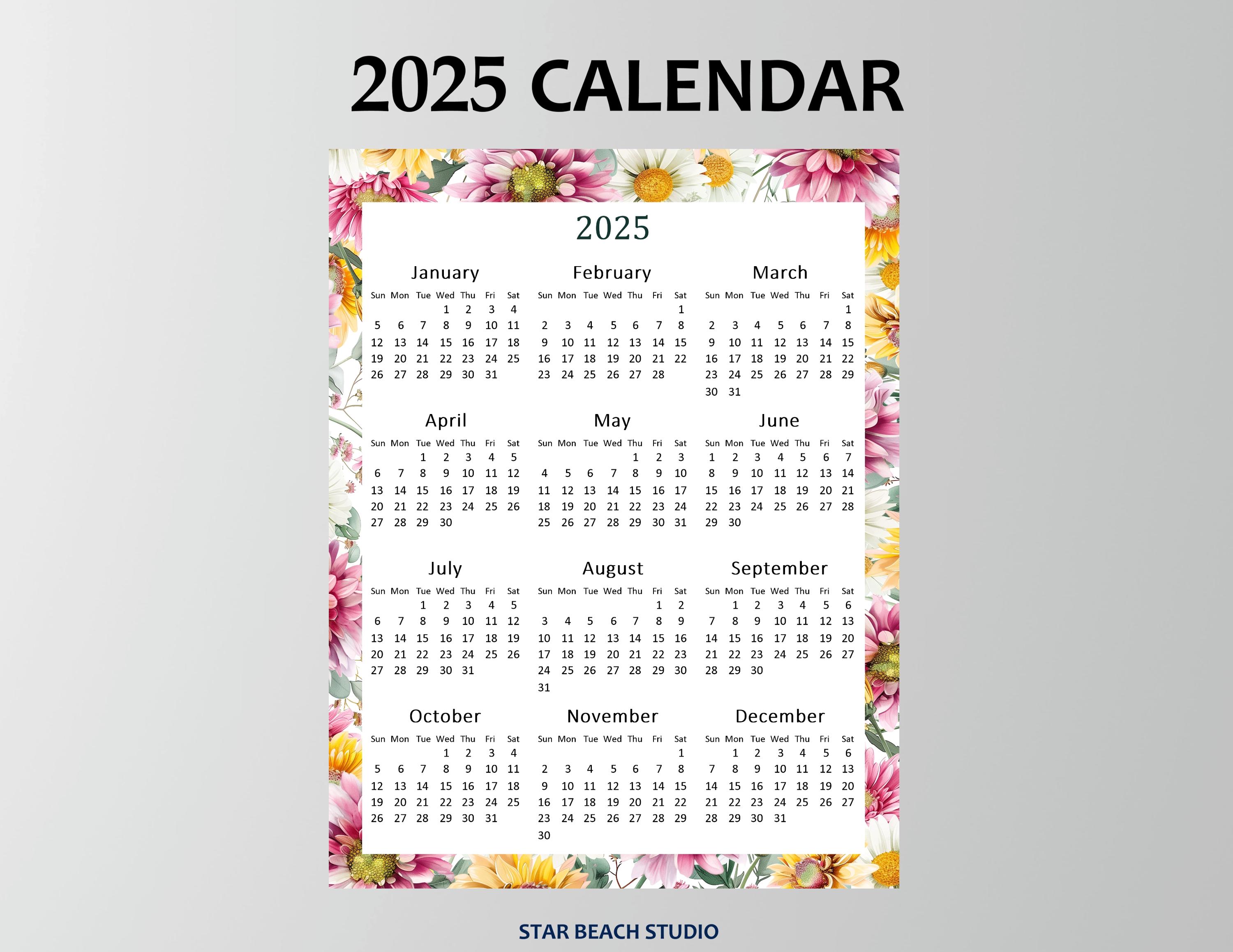 2025 Year Calendar Printable, Year at a Glance, 2025 Floral