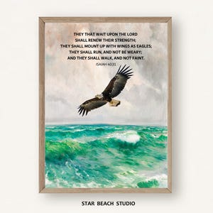 Arte de pared con versículo bíblico de Isaías 40:31, Espera en el Señor, levántate con alas de águila, Impresión bíblica, Águila volando en la naturaleza, decoración de paisaje