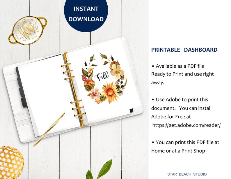 Fall Floral Planner Dashboard Printable, Autumn Watercolor Floral ...
