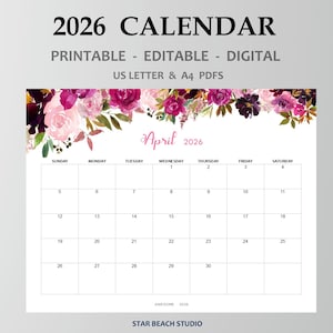 2026 Calendar PRINTABLE, Editable PDF, 12 Month Floral Digital Planner, Wall Desk Calendar, Sun Start, Letter - A4 Size, goodnotes