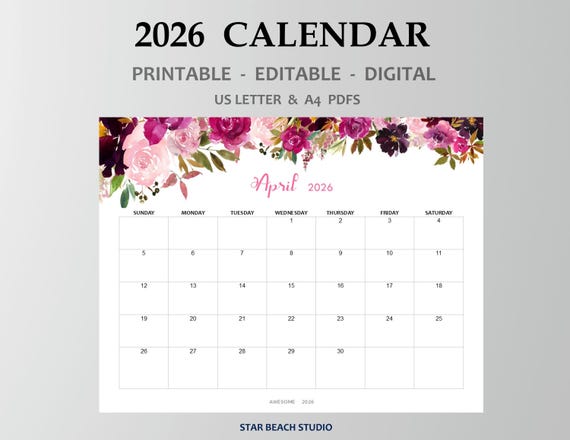 2026 Calendar PRINTABLE, Editable PDF, 12 Month Floral Digital Planner, Wall Desk Calendar, Sun Start, Letter - A4 Size, goodnotes