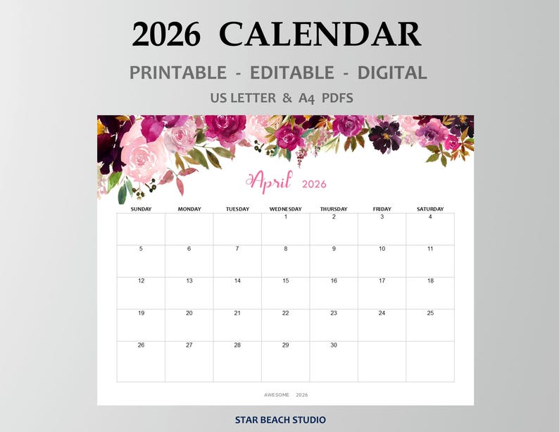 2026 Kalender DRUCKBAR, bearbeitbares PDF, 12-monatiger digitaler Blumenplaner, Wand-Tischkalender, Sun Start, Letter - A4-Größe, Goodnotes Bild 1