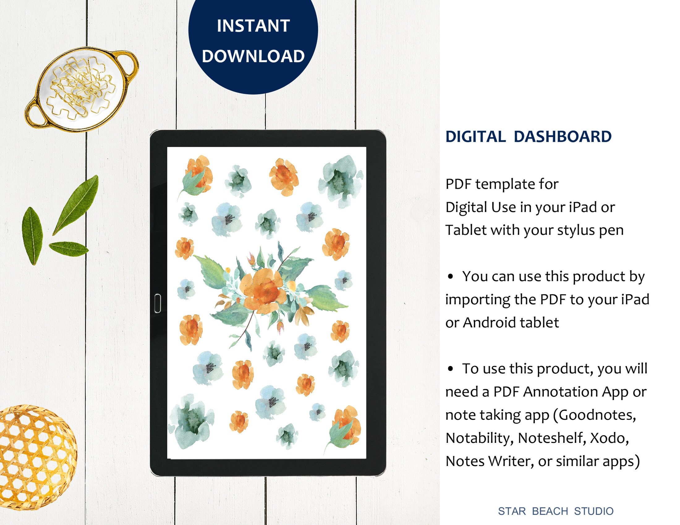 Floral Planner Dashboard Printable, Orange Blue Fall Flowers Watercolor ...