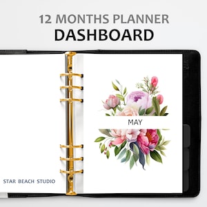 Paneles de control del planificador mensual de Peony imprimibles, inserciones de divisores del planificador floral, tamaños Carta-A5- Mitad -Happy Planner-Personal-A4, buenas notas