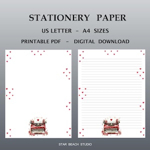 Red Hearts Love Theme Stationery, Valentines Day Printable Paper, Typewriter Lined & Unlined Pages, Digital download 8.5 x 11 /A4, Goodnotes