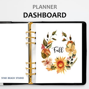 Planner floreale autunnale Dashboard stampabile, Planner ghirlanda floreale acquerello autunnale, Lettera - Mezza lettera -A5- Happy Planner- Personal - Dimensioni A4