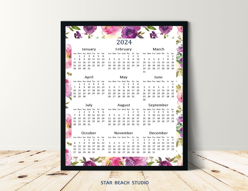 2024 Year Calendar Printable, Year at a Glance, 2024 Floral Wall