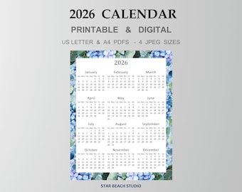 2026 Year Calendar Printable, Year at a Glance, 2026 Floral Wall Calendar, Office Wall Desk -Year Overview, Letter-A4 PDFs, JPEGs, digital
