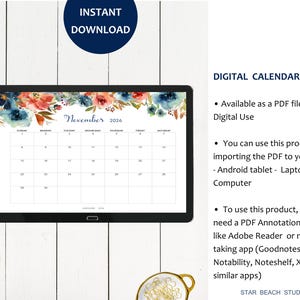 2026 Kalender DRUCKBAR, bearbeitbares PDF, 12-monatiger digitaler Blumenplaner, Wand-Tischkalender, Sun Start, Letter - A4-Größe, Goodnotes Bild 11