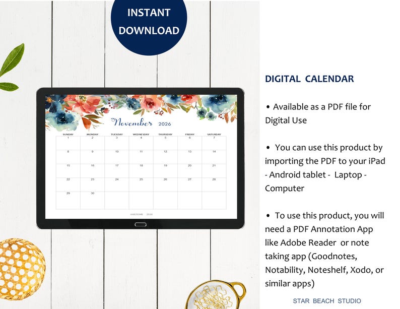 2026 Kalender DRUCKBAR, bearbeitbares PDF, 12-monatiger digitaler Blumenplaner, Wand-Tischkalender, Sun Start, Letter - A4-Größe, Goodnotes Bild 11