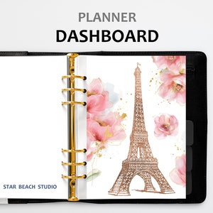 Eiffelturm Paris & Rosa Blumenplaner Dashboard Printable, US Letter - A5 - Half Letter - Happy Planner - Personal - A4 Sizes, goodnotes