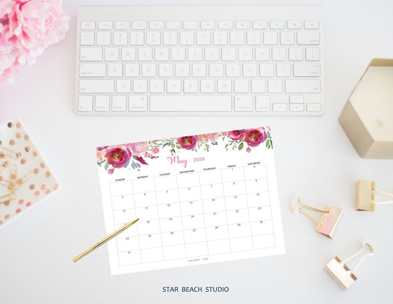 2026 Kalender DRUCKBAR, bearbeitbares PDF, 12-monatiger digitaler Blumenplaner, Wand-Tischkalender, Sun Start, Letter - A4-Größe, Goodnotes Bild 15
