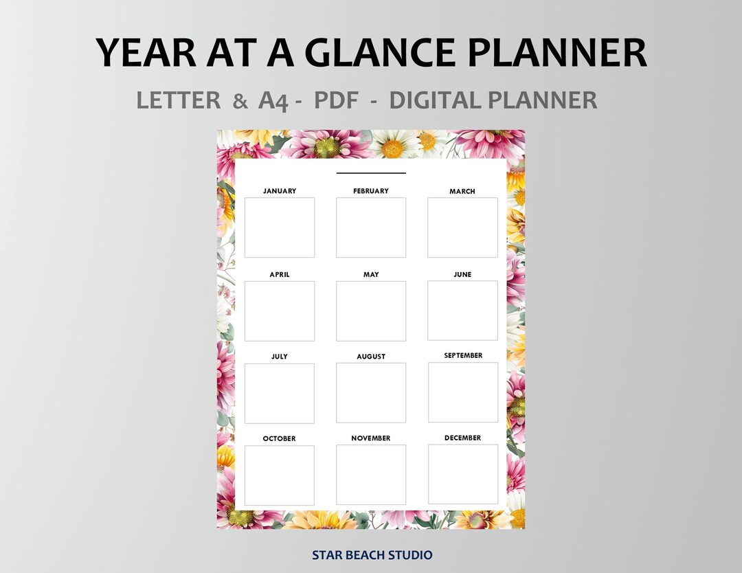 Yearly Floral Planner Printable, Undated Year at a Glance Annual ...