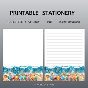 Papel para impressão com vista para o mar, papelaria aquarela com guarda-chuvas, papel pautado e sem pauta A4/Carta, página de diário, goodnotes, papel digital