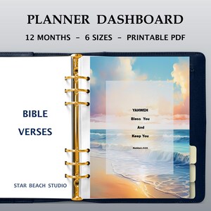 Tableaux de bord de planificateur de versets de la Bible de bénédiction, imprimables, thème aquarelle tropicale de plage de 12 mois, 6 tailles, PDF imprimable, téléchargement numérique