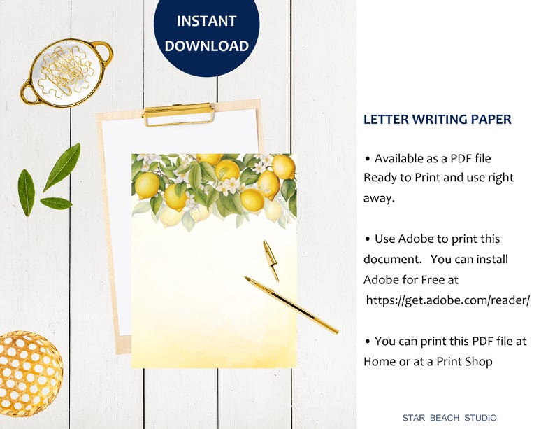 Lemons and Flowers Printable Paper, Summer Citrus Fruits Watercolor ...