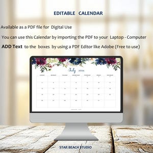 2026 Kalender DRUCKBAR, bearbeitbares PDF, 12-monatiger digitaler Blumenplaner, Wand-Tischkalender, Sun Start, Letter - A4-Größe, Goodnotes Bild 10