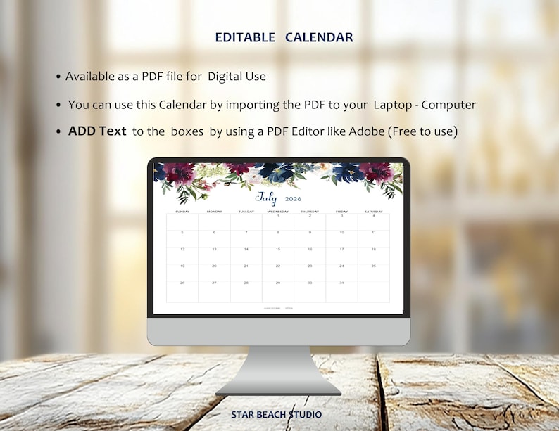 2026 Kalender DRUCKBAR, bearbeitbares PDF, 12-monatiger digitaler Blumenplaner, Wand-Tischkalender, Sun Start, Letter - A4-Größe, Goodnotes Bild 10