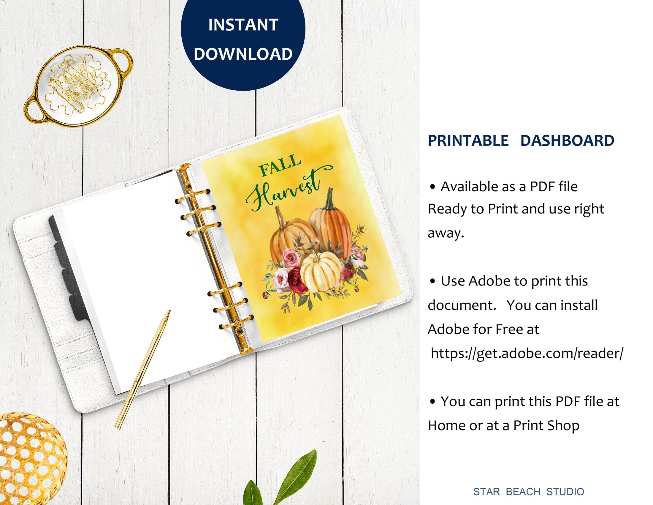 Fall Pumpkin Planner Dashboard, Autumn Floral Harvest Watercolor