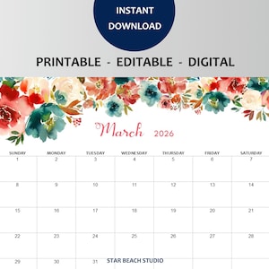 2026 Kalender DRUCKBAR, bearbeitbares PDF, 12-monatiger digitaler Blumenplaner, Wand-Tischkalender, Sun Start, Letter - A4-Größe, Goodnotes Bild 8