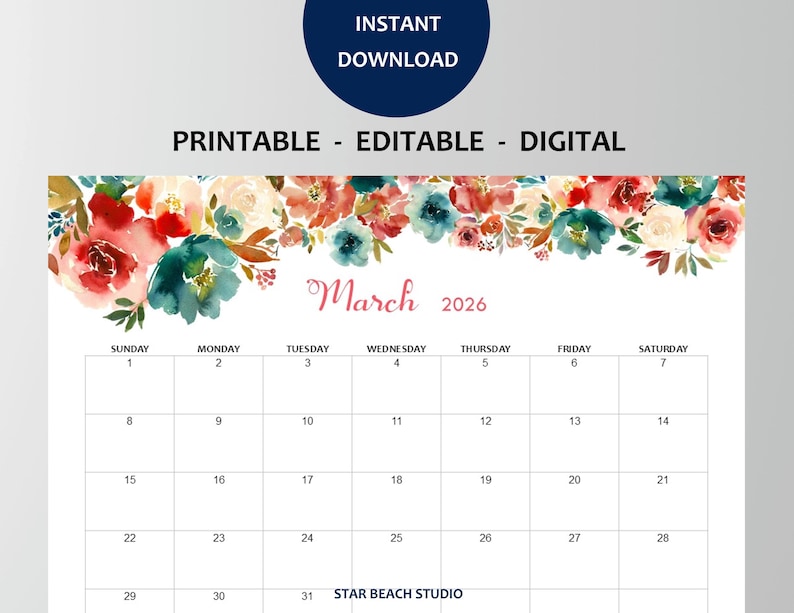 2026 Kalender DRUCKBAR, bearbeitbares PDF, 12-monatiger digitaler Blumenplaner, Wand-Tischkalender, Sun Start, Letter - A4-Größe, Goodnotes Bild 8