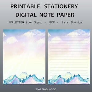 Papel de papelería imprimible con paisajes de montaña, con temática de naturaleza, con y sin rayas, tamaño A4 y carta, para diario y notas digitales.