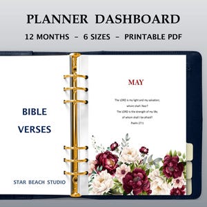 Planner floreale con versetti della Bibbia dei Salmi per 12 mesi, stampabile, formato A5, mezza lettera, Happy Planner, personale, formato A4, goodnotes, PDF
