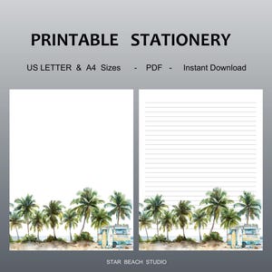 Viaje a la playa en caravana - Papel imprimible de palmeras tropicales, papelería de verano, papel rayado y sin rayar tamaño A4/carta, goodnotes, diario digital