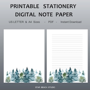 Carta da lettere stampabile con alberi di Natale, carta per le vacanze invernali, carta da lettere con e senza righe in formato A4, carta per appunti digitale