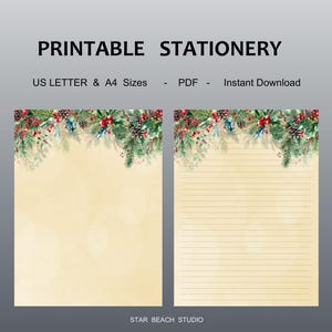Papel imprimible navideño con acebo, papel con membrete con y sin rayas para las fiestas de invierno, GoodNotes, papel digital de 8,5 x 11 pulgadas, A4