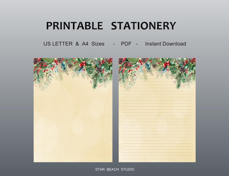 Christmas Holly Stationery Printable Paper, Festive Winter Holiday ...