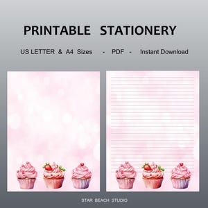 Papel imprimible con cupcakes, papelería dulce, papel A4/carta rayado y sin rayar, goodnotes, papel de acuarela rosa, diario digital