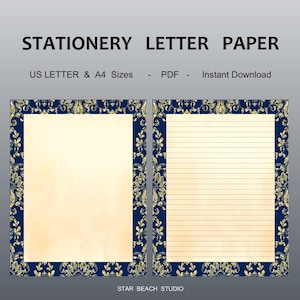 May include: Stationery letter paper with a navy blue and gold decorative border. The image shows two sheets of paper, one blank and one lined. The text at the top reads "STATIONERY LETTER PAPER" and "US LETTER & A4 Sizes - PDF - Instant Download".