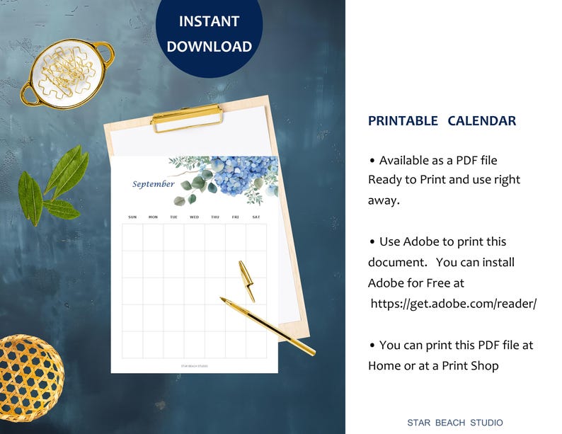 Floral Watercolor Undated Monthly Planner, 12 Month Printable Calendar ...