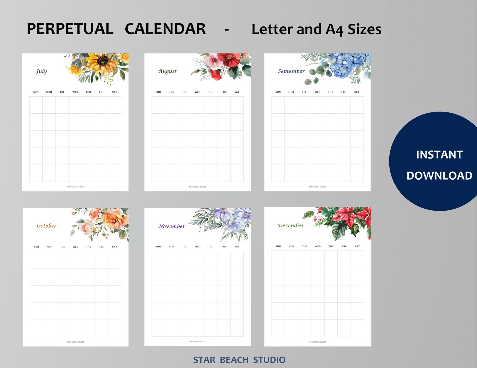 Floral Watercolor Undated Monthly Planner, 12 Month Printable Calendar ...