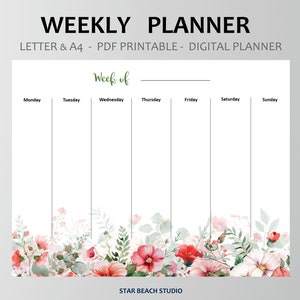 Planejador semanal floral para impressão, planejador resumido da semana sem data, deskpad botânico Carta-A4, início de segunda-feira, planejador digital ipad Android