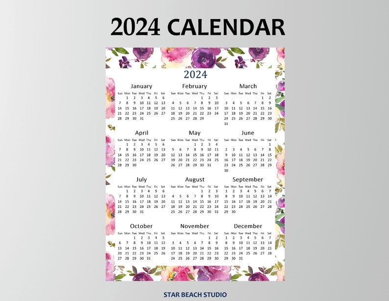 2024 Year Calendar Printable, Year at a Glance, 2024 Floral Wall