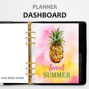 Puede incluir: Un tablero de planificación con un fondo de acuarela que presenta una piña y el texto "Sweet Summer". El planificador es negro con anillos dorados.