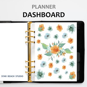 Agenda floral tableau de bord imprimable, fleurs d'automne bleu orange, aquarelle, lettre A5 - demi-lettre - Happy Planner-personnelle - tailles A4