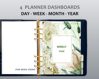May include: Open navy blue planner with gold rings, featuring floral designs and the text "4 PLANNER DASHBOARDS DAY - WEEK - MONTH - YEAR." The planner includes a "WEEKLY PLAN" page and the "STAR BEACH STUDIO" logo.