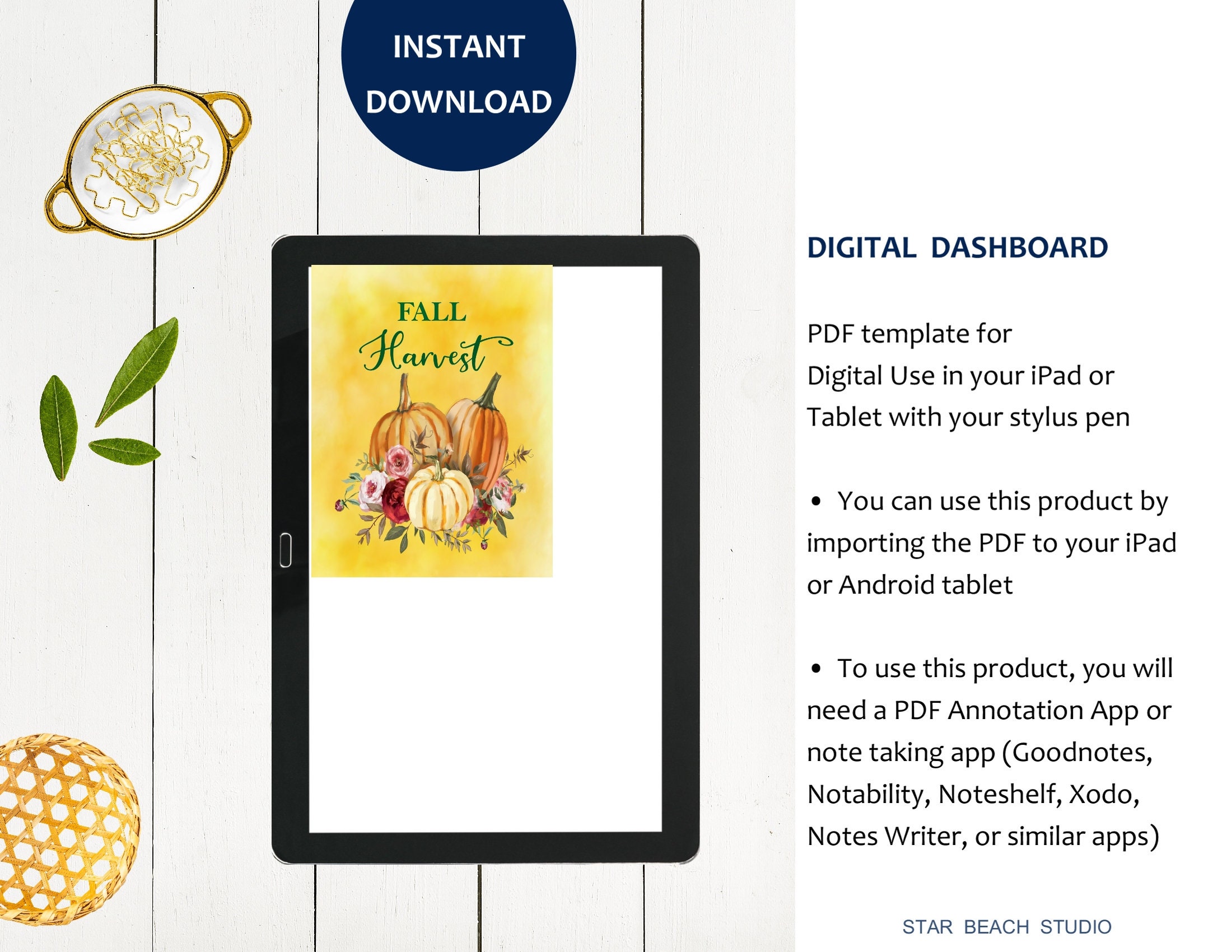 Fall Pumpkin Planner Dashboard, Autumn Floral Harvest Watercolor