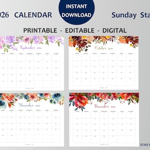 2026 Kalender DRUCKBAR, bearbeitbares PDF, 12-monatiger digitaler Blumenplaner, Wand-Tischkalender, Sun Start, Letter - A4-Größe, Goodnotes Bild 4