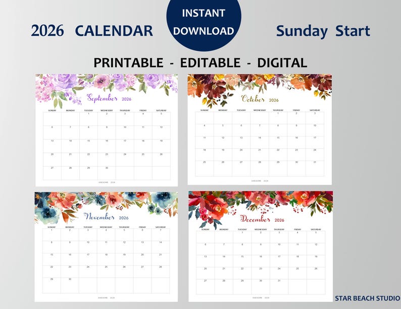 2026 Kalender DRUCKBAR, bearbeitbares PDF, 12-monatiger digitaler Blumenplaner, Wand-Tischkalender, Sun Start, Letter - A4-Größe, Goodnotes Bild 4