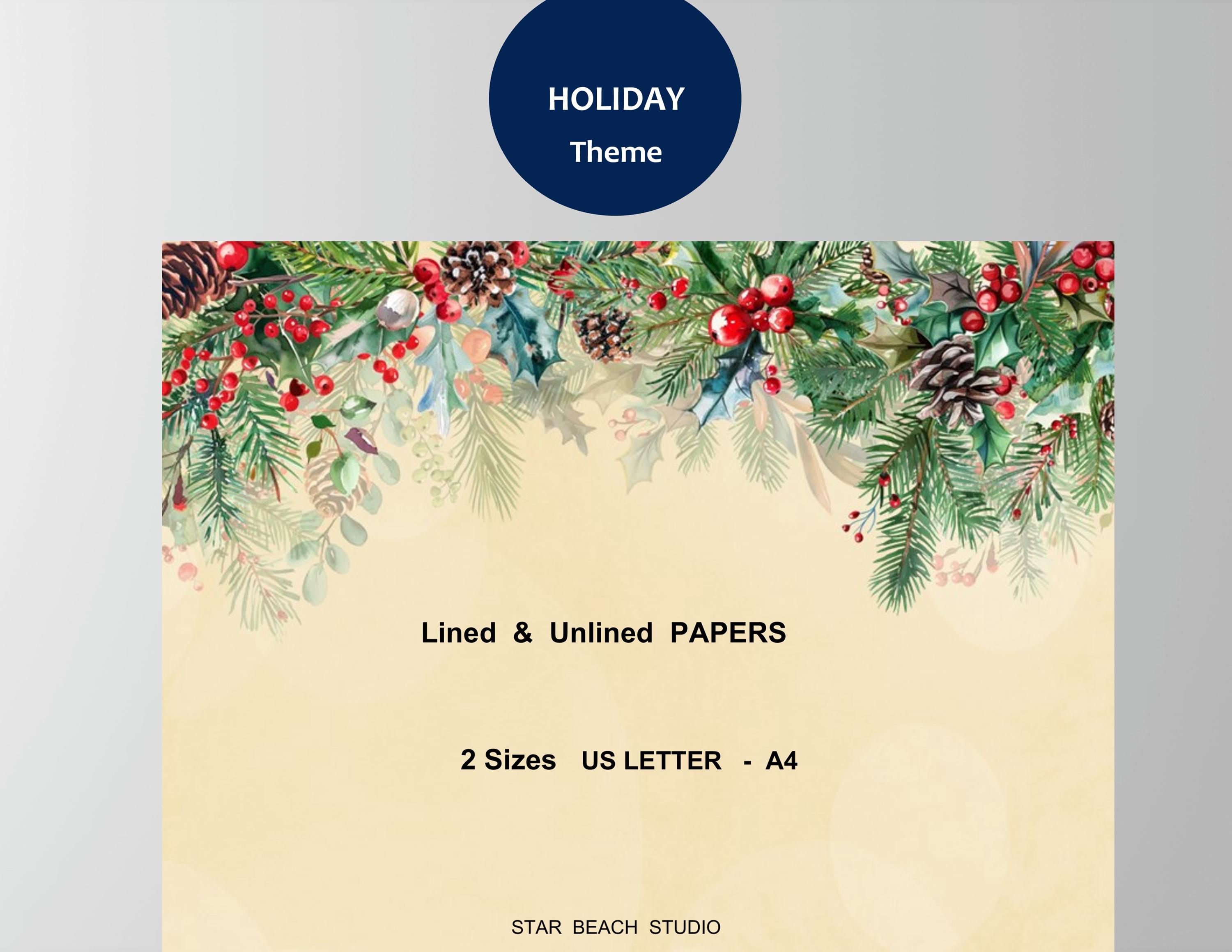 Christmas Holly Stationery Printable Paper, Festive Winter Holiday ...