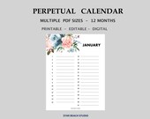Perpetual Calendar Printable, Editable PDF, Undated Floral Calendar for Birthday -Anniversary events, Letter-A4 A5- Half Letter-Medium sizes