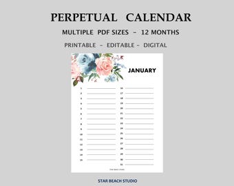 Ewiger Kalender druckbare, bearbeitbare PDF, undatierter Blumenkalender für Geburtstage - Jubiläumsveranstaltungen, Letter-A4 A5- Half Letter-Medium Größen