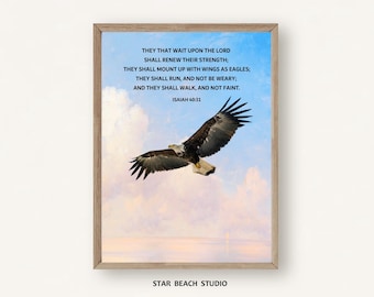 Isaiah 40:31 Bible Verse Wall Art, wait upon the Lord shall renew their strength Printable, Eagle soaring in clouds Nature Landscape Print