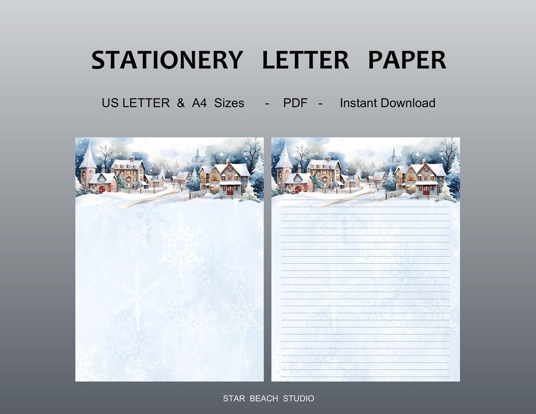 Christmas Village Stationery Printable Paper, Festive Winter Holiday ...