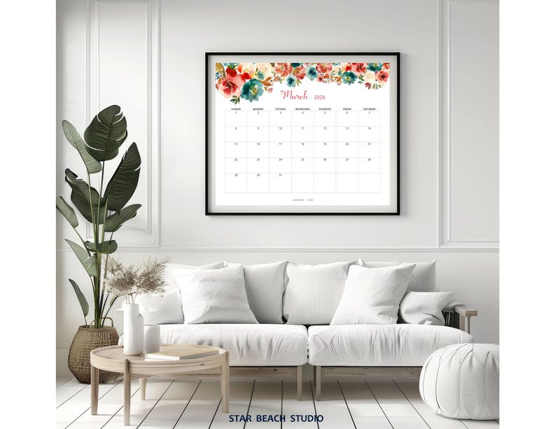 2026 Kalender DRUCKBAR, bearbeitbares PDF, 12-monatiger digitaler Blumenplaner, Wand-Tischkalender, Sun Start, Letter - A4-Größe, Goodnotes Bild 14
